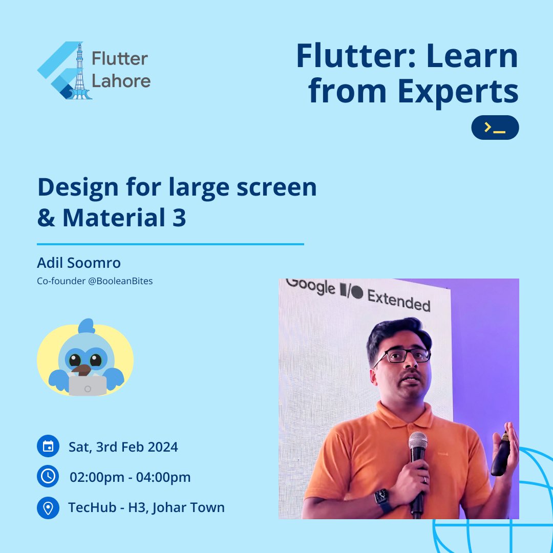 FlutterLahore's tweet image. Meet @adil_soomro - who will sharing insights on large screen apps and #Material3 💙

✅ Book your spot at linktr.ee/flutterlahore

#FlutterLearnfromExperts #flutter #flutterlahore #techub #flutterdevelopers #fluttercommunity