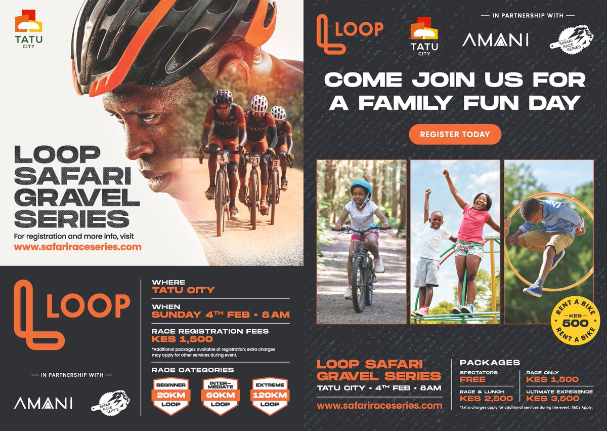 Tatu_City's tweet photo. There are only two days to go till the epic LOOP Safari Gravel Race Series comes to Tatu City! Prepare to be mesmerized by jaw-dropping scenic routes and challenge yourself on a variety of thrilling cycling terrains. With a race village and kids zone, it’s a great day out for the whole family. Grab your ticket today! https://t.co/aKMIAQkTqY

#LOOPSafariGravelSeriesatTatuCity