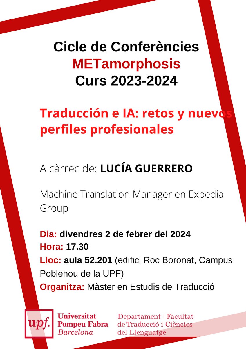 Tomorrow we'll have the privilege of listening to <a href="/unajazara/">Lucía Guerrero</a>, who will talk about AI and the new profiles of translation professionals to my Master students at <a href="/TraduccioUPF/">Traducció UPF</a>.