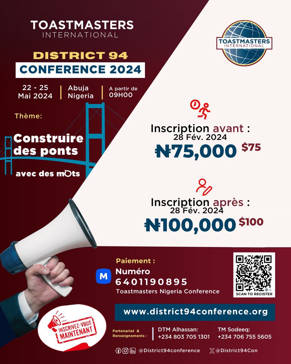 Nouvelle excitante!

Les inscriptions anticipées pour la Conférence District 94 Toastmasters sont OUVERTES !

Ne ratez pas les tarifs réduits - de booster vos compétences en communication !

Inscrivez-vous tôt et économisez !
district94conference.org