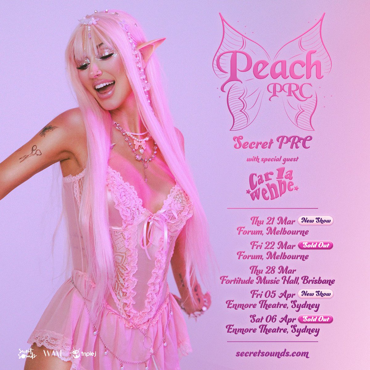 Peach PRC fans get ready – due to the huge demand in presale, we’re adding 2nd shows in Mel & Syd! Tix for ALL shows will go on sale from 1pm local time on Fri 02 Feb! There will be limited tix available for the first shows in Mel and Syd → scrtsnds.com.au/PeachPRC2024