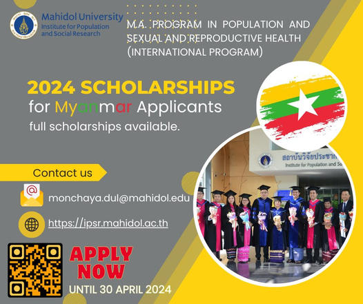 🌟Call for applications 2024
Full and Partial #scholarships for #Myanmar #students
M.A. in #Population and #Sexual and #Reproductive #Health (International Program)

Apply Now – 30 April 2024
#study #studyabroad #MasterDegree #MA #IPSR #Mahidol #university