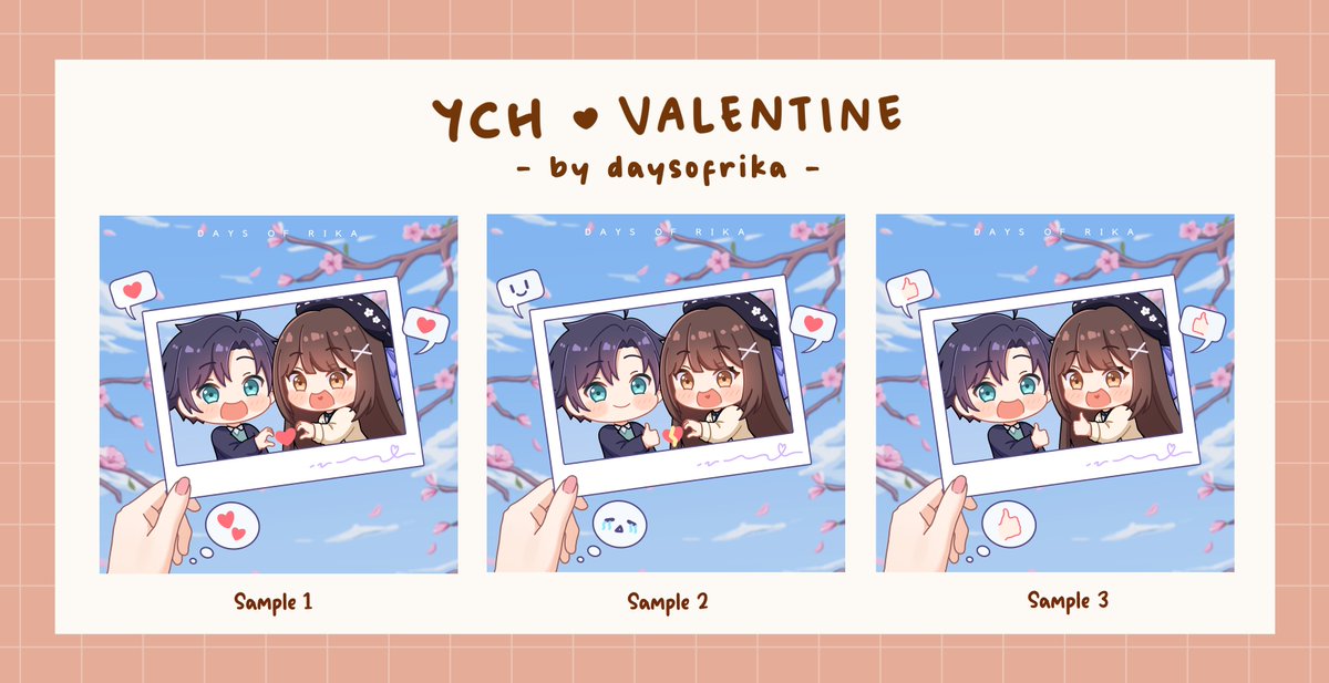 [♡ + ↻ are appreciated] 🩷
-
Valentine YCH c✿mms is now available on #VGen. Check it out!

Full details >> vgen.co/daysofrika
(any request before 12 Feb, 12:00 GMT+7 will be delivered before 14 Feb)
#VGenOpen