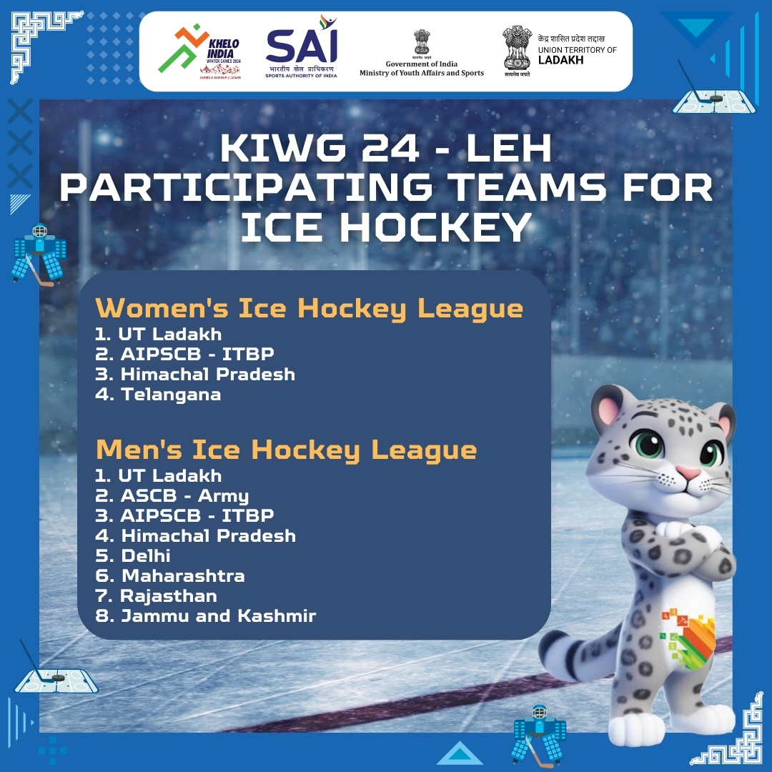 Join us from Feb 2nd to witness the thrill of 12 exceptional teams vying for the title of Ice Hockey Champions at #KIWG24! Get ready for adrenaline-pumping action and stunning goals that will keep you on the edge of your seat. @IndiaSports @KheloIndia @Media_SAI @MIB_India