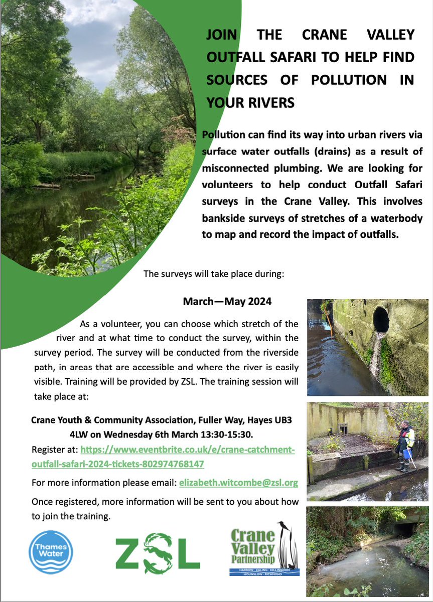 CVP_CraneValley's tweet photo. Want to help find sources of river pollution in the Crane Valley? Volunteer for the next 'Outfall Safari'. Check out the flyer below. [N.B. Alternative training date/venue likely to be announced soon.] 
#cvoutfallsafari2024

@ZSLMarine @FriendsRivCrane @habsandheritage https://t.co/6PyqfikeDg