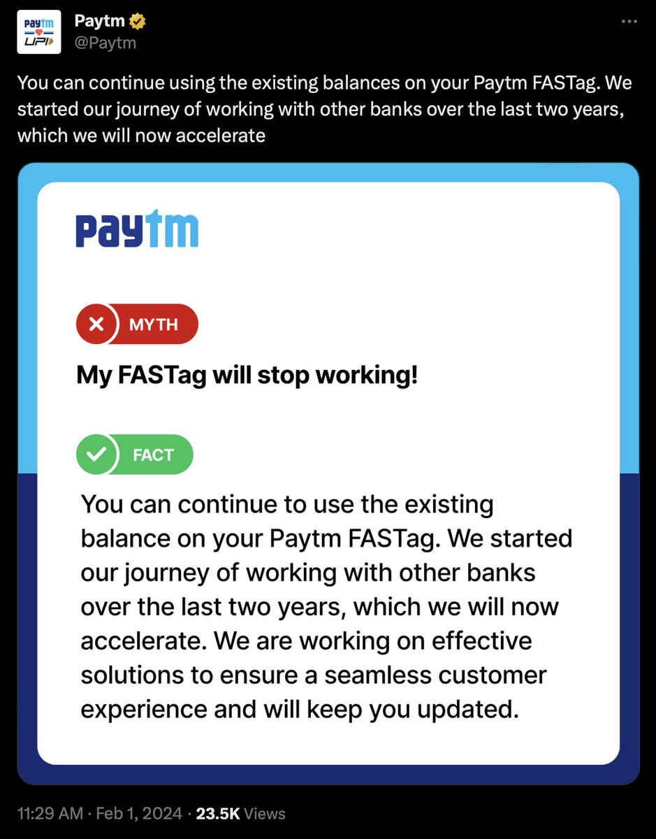 #Paytm speaks out on usage of existing balances on #FastTags

#StockMarketindia