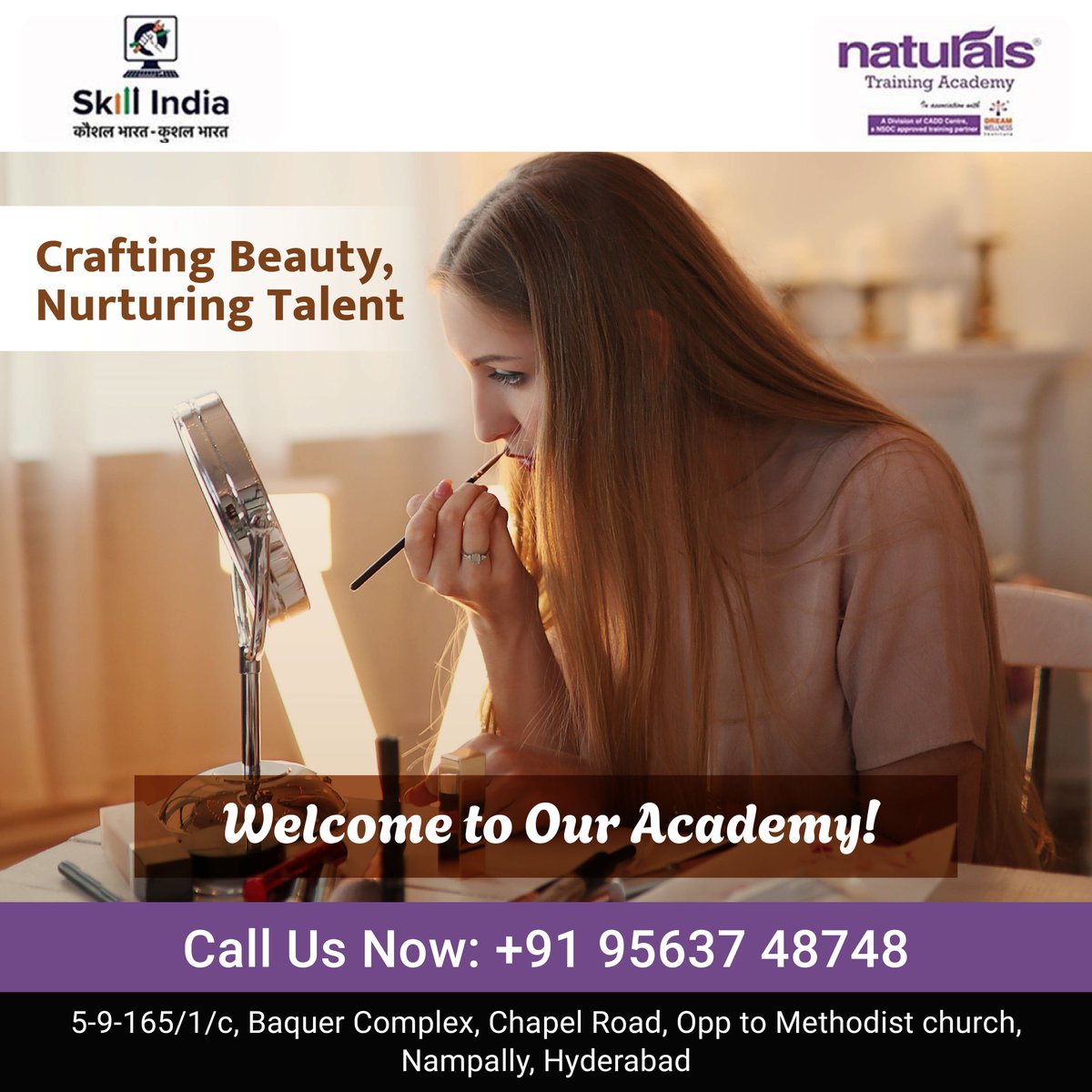 Step into our academy, where creativity and talent converge seamlessly. We specialize in crafting beauty and nurturing individual flair. 

Join Us Now:+91 95637 48748.

 #skillselevation #industryexperts  #ntabeauty #hyderabadbeauticians #professionaltraining #beautyschool  #nta