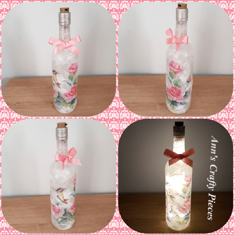 This decoupage bottle light by Ann's Crafty Pieces has a background of mulberry paper which allows light to shine through and has been overlaid with a roses and hummingbird napkin design.

Find this in their #ConsciousCrafties shop here consciouscrafties.com/handmade-gifts…

#SBSWinners
