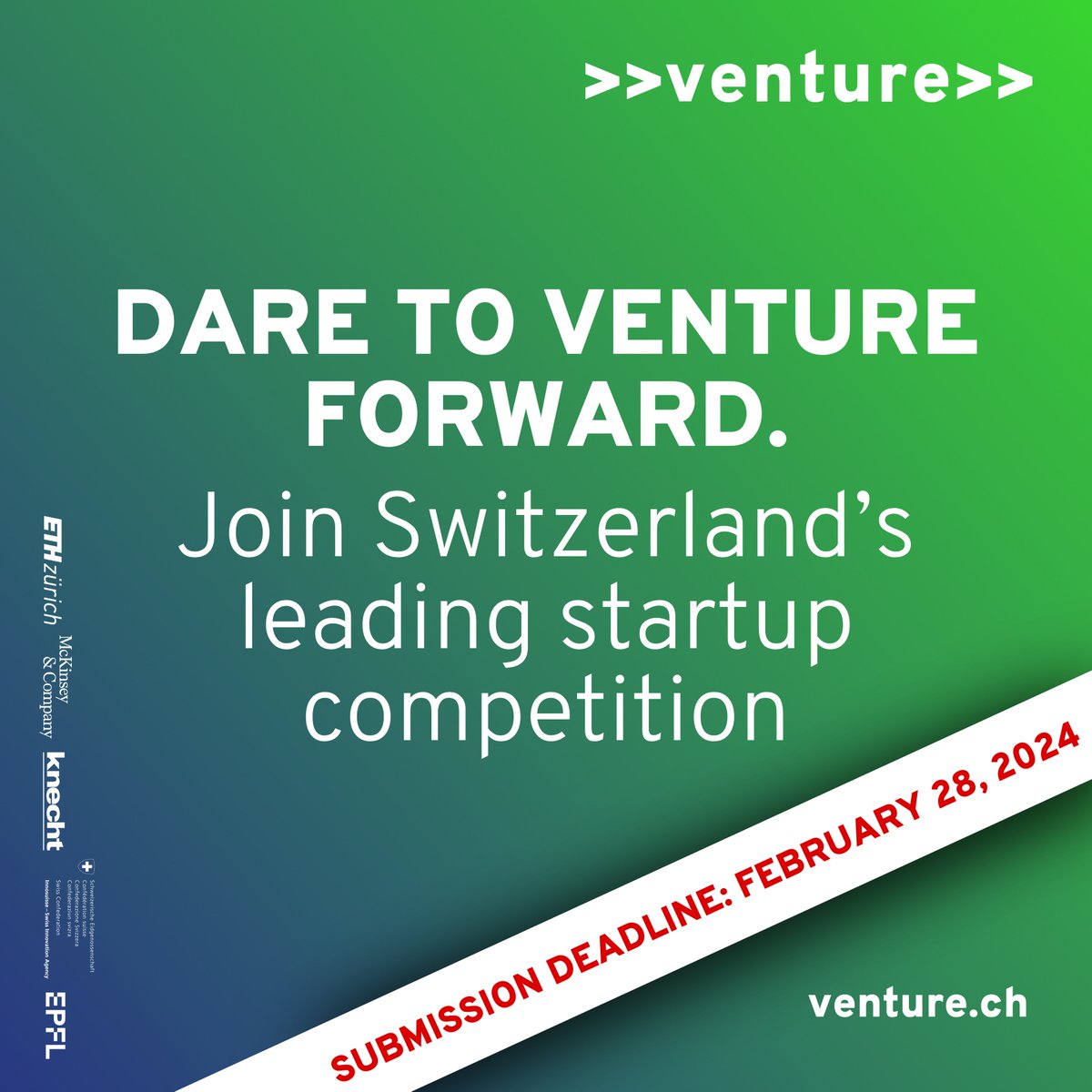 🚨 Only one month left to join Switzerland's leading startup competition! 🚨 Why participate? Up to CHF 150k in prizes, vast network of experts, potential investors, visibility for your startup... 📆 Deadline: Feb 28, 2024 📝 Apply now: venture.ch/participate Spread the word!