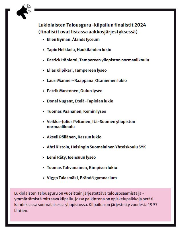 finanssiala's tweet photo. Talousguru-finalistit on valittu ja he kohtaavat toisensa  loppukilpailussa 29.2. Finaalia voi seurata finaalipäivänä klo 14 alkaen suorana Kauppalehden nettisivuilta. Luvassa kovatasoiset pariväittelyt sekä vuoden 2024 Talousgurun kruunaaminen🤩

https://t.co/C8snRqXFTc https://t.co/q0qpfr0DjX