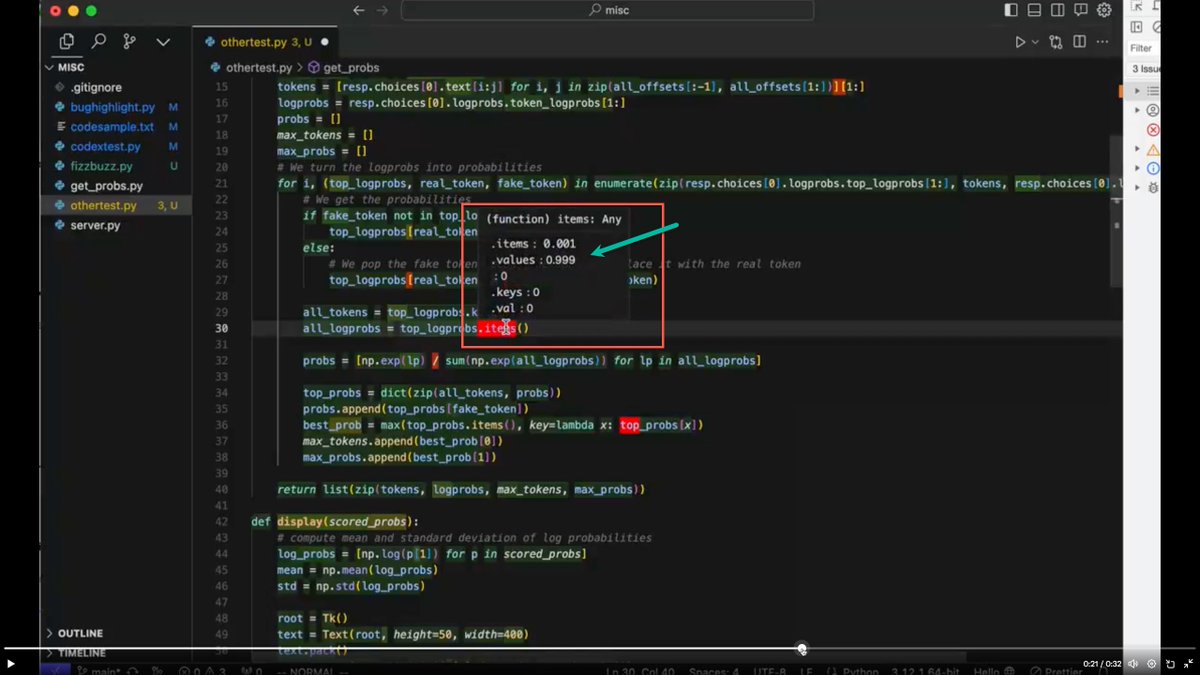 去年の12月にOpenAIのAPIに追加されたのが「logprobs（選択されたテキストがサンプルされる確率の累積）」。Cursorの開発チームが、logprobsを使ってコードの バグを検出するPoCを披露↓。下記図では、 ◼️ .itemsの確率：0.001 ◼️ .valuesの確率：0.999 と、.valuesが ...