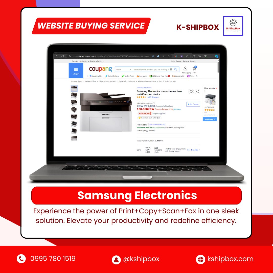 KShipBox's tweet image. 🖨️💼 Upgrade your office game with Samsung Electronics&apos; monochrome laser multifunction device! 🌐✨ Experience the power of Print+Copy+Scan+Fax in one sleek solution. #SamsungElectronics #OfficeInnovation #MultifunctionMagic