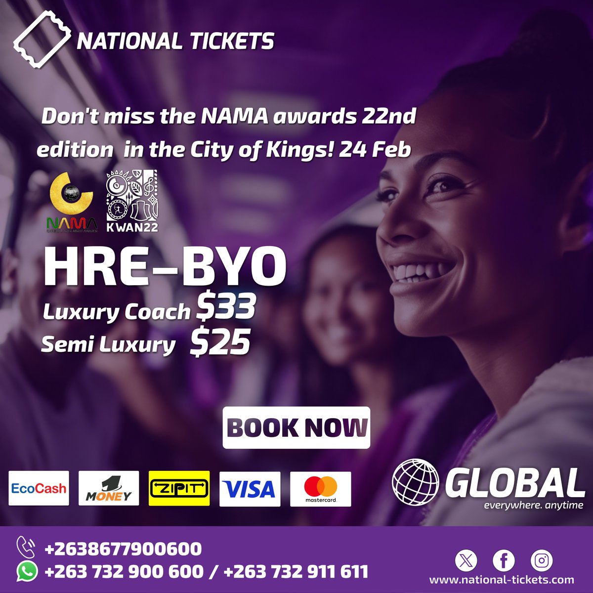Don't miss the 22nd edition of the NAMA awards in Bulawayo! 🚍🧳
To 𝐁𝐎𝐎𝐊 your ticket: WhatsApp 
api.whatsapp.com/send?phone=263…

 #citylink #Eagleliner #booknow #Luxurycoaches  #localcoaches #Convince #Nationaltickets #bookwithus #everywhereanytime #Harare #Bulawayo #NAMA22 #kwan22