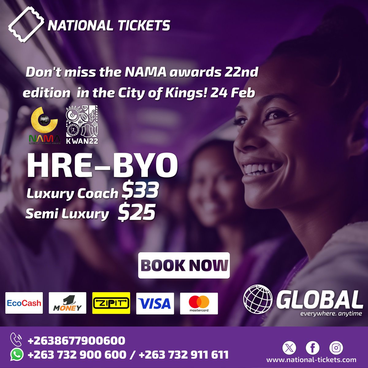 NatticksZim's tweet photo. Don't miss the 22nd edition of the NAMA awards in Bulawayo! ππ§³
To ππππ your ticket: WhatsApp
https://t.co/pMt0xuNzNP
#citylink #Eagleliner #booknow #Luxurycoaches #localcoaches #Convince #Nationaltickets #bookwithus #everywhereanytime #Harare #Bulawayo #NAMA22 #kwan22 https://t.co/kXPhZd6p14