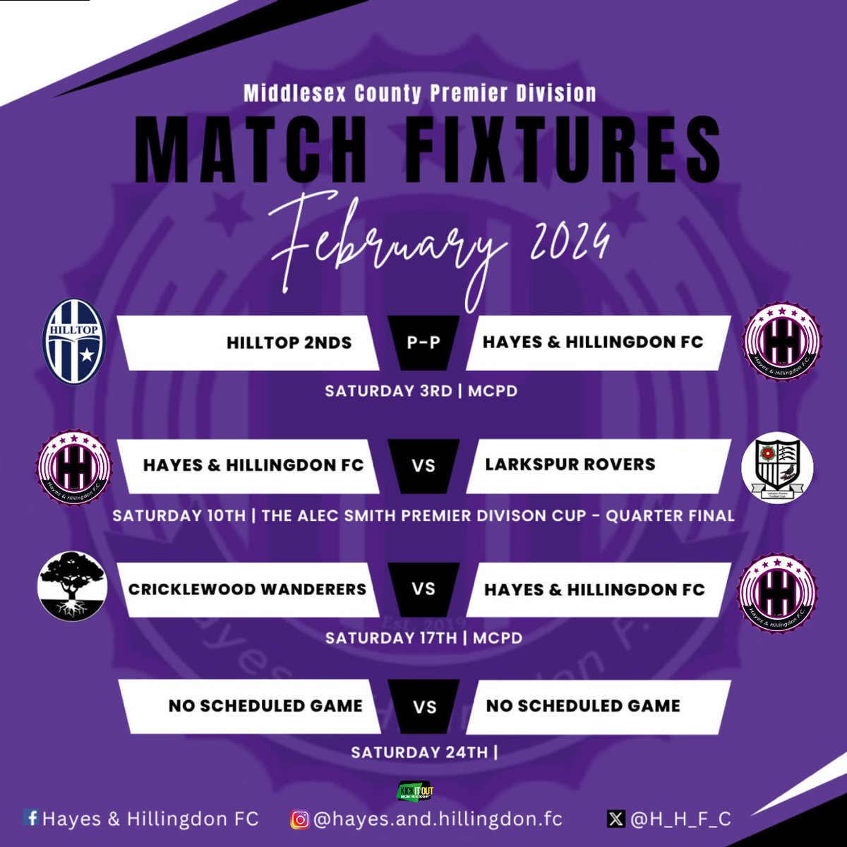 H_H_F_C's tweet photo. Here’s what’s in store for February 🗓️🤘🏼⚽️
(Our partners; Swirles Barbers, Southbourne Electrical & Richings Sports Park) 🤟🏾✨☑️
#HHFC #morethanafootballclub #hayesndhillongdonfc #hhfc #footballclub #fixtures #matchfixture #match #league #middlesexcounty #MCFL #MCPD
💜🖤 https://t.co/4YDHlhYWqp