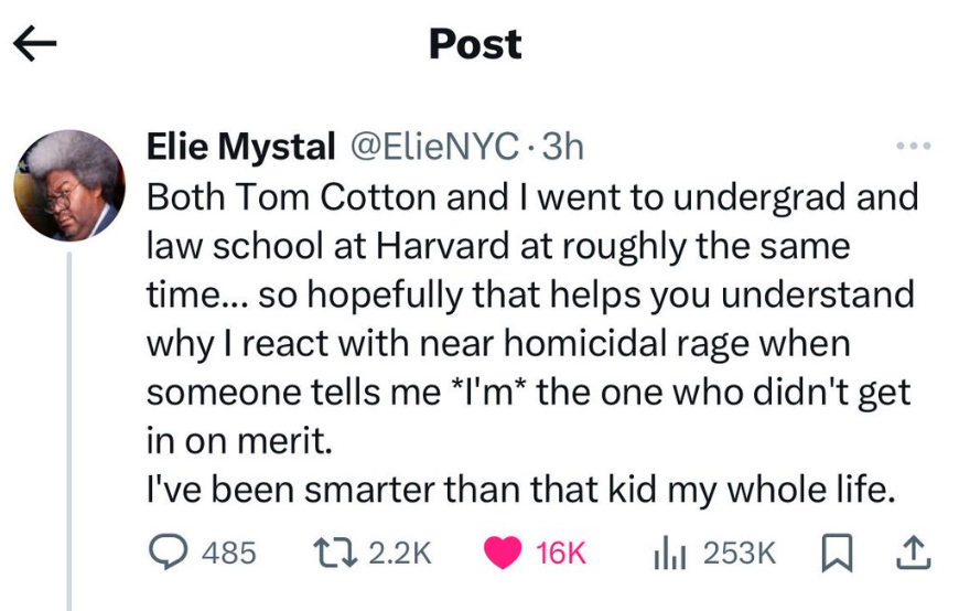 Elie Mystal saying he's been smarter than Tom Cotton 