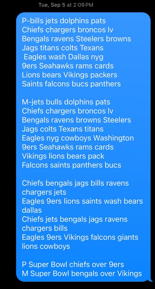 myPARAGative's tweet photo. @PSchrags you and be both had the Super Bowl right!!  Let’s go!!

These are mine and my buddy Mikes picks for all divisions, playoffs and Super Bowl. Chiefs over 9ers baby https://t.co/PUp6O7syMZ