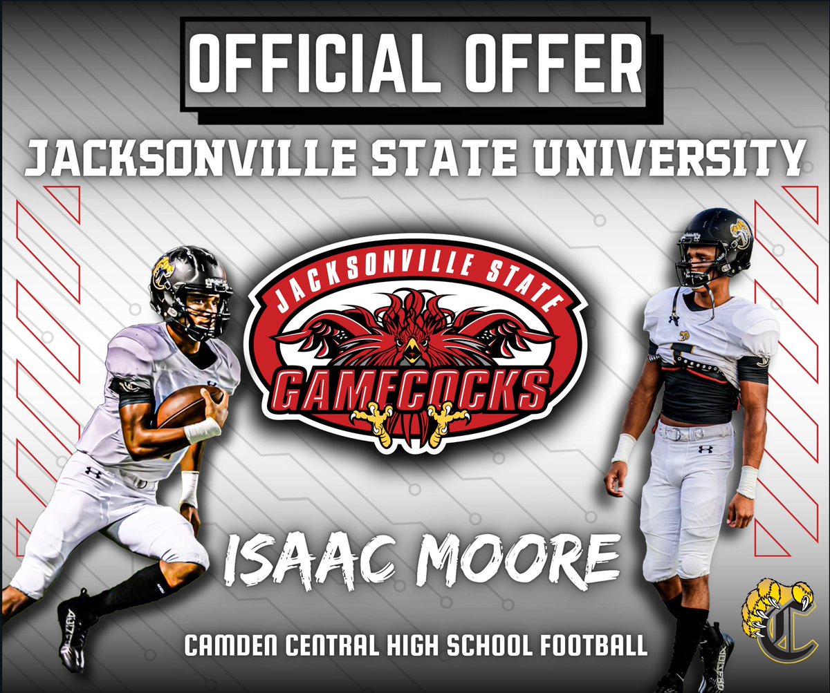 Isaac Moore (@isaacmo7777) on Twitter photo After talking with <a href="/CoachRGarrett/">Ryan Garrett</a> and <a href="/CoachCornutt/">Landon Cornutt</a> I am excited to say that I have been blessed with a D1 offer to Jax State!
<a href="/NashvillePreps/">TN Prep Sports</a> <a href="/On3sports/">On3</a> <a href="/LionFootballCHS/">Camden Football</a> <a href="/LionBaseballCHS/">Camden Baseball</a>
<a href="/TnVarsity/">TNVarsity</a> <a href="/PrepRedzone/">Prep Redzone 🏈</a> <a href="/PrepRedzoneTN/">Prep Redzone Tennessee</a> After talking with <a href="/CoachRGarrett/">Ryan Garrett</a> and <a href="/CoachCornutt/">Landon Cornutt</a> I am excited to say that I have been blessed with a D1 offer to Jax State!
<a href="/NashvillePreps/">TN Prep Sports</a> <a href="/On3sports/">On3</a> <a href="/LionFootballCHS/">Camden Football</a> <a href="/LionBaseballCHS/">Camden Baseball</a>
<a href="/TnVarsity/">TNVarsity</a> <a href="/PrepRedzone/">Prep Redzone 🏈</a> <a href="/PrepRedzoneTN/">Prep Redzone Tennessee</a>