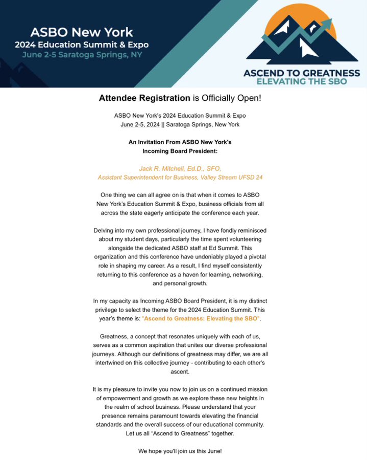 As the incoming ASBO NY Board President, it was my distinct privilege to have come up with 'Ascend to Greatness: Elevating the SBO' as this year’s theme for the ASBO 2024 Education Summit. Registration is officially open! asbonewyork.org/events/EventDe… Looking forward!