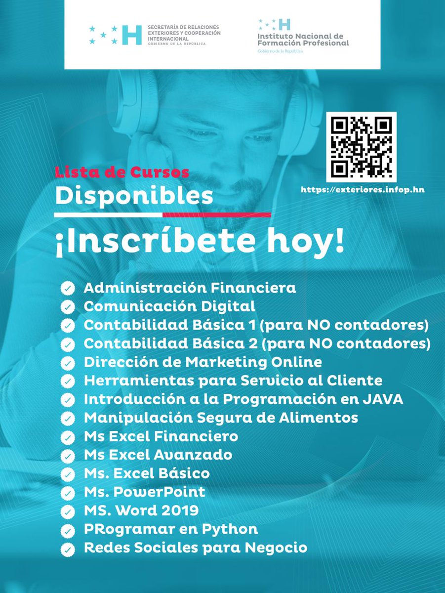 La SRECI y el Instituto
Nacional de Formación Profesional, iniciaron el proyecto “Cursos Virtuales para la
Diáspora Hondureña” Ofertando un total de 15 cursos, se abrieron las inscripciones el
8 de enero y culminarán el 2 de febrero,  los cursos inician el 5 de febrero de 2024
