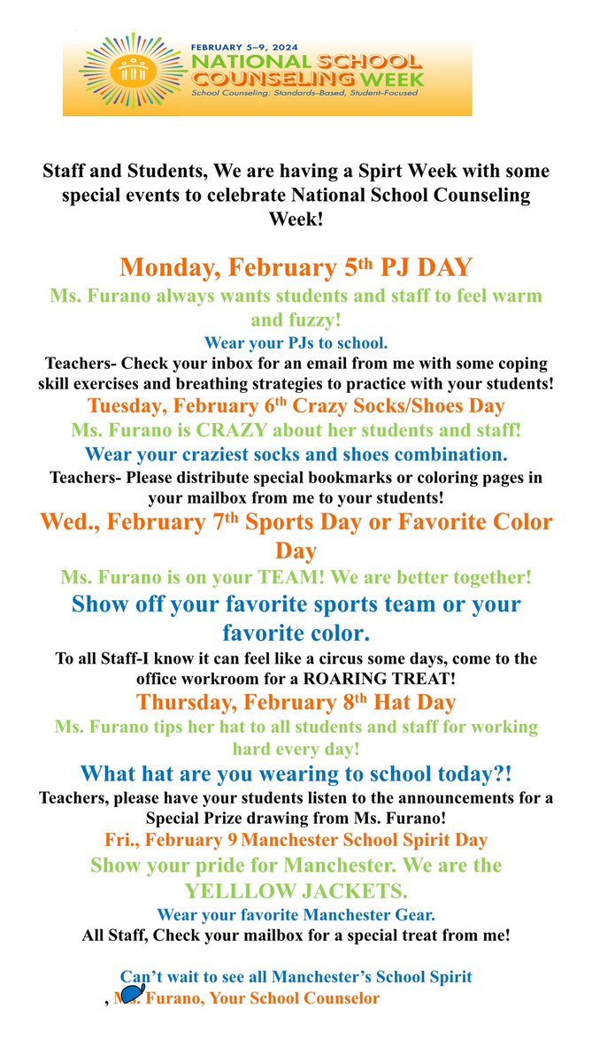 <a href="/CCPS_MAN_Elem/">Manchester Elementary School</a> Next week Feb. 5-9 is spirit week to celebrate “National Counseling Week”. Manchester ❤️’s our school counselor, Mrs. Furano.