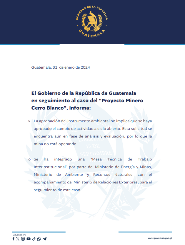 #Comunicado |  En seguimiento al caso del "Proyecto Minero Cerro Blanco", informamos a la opinión pública: