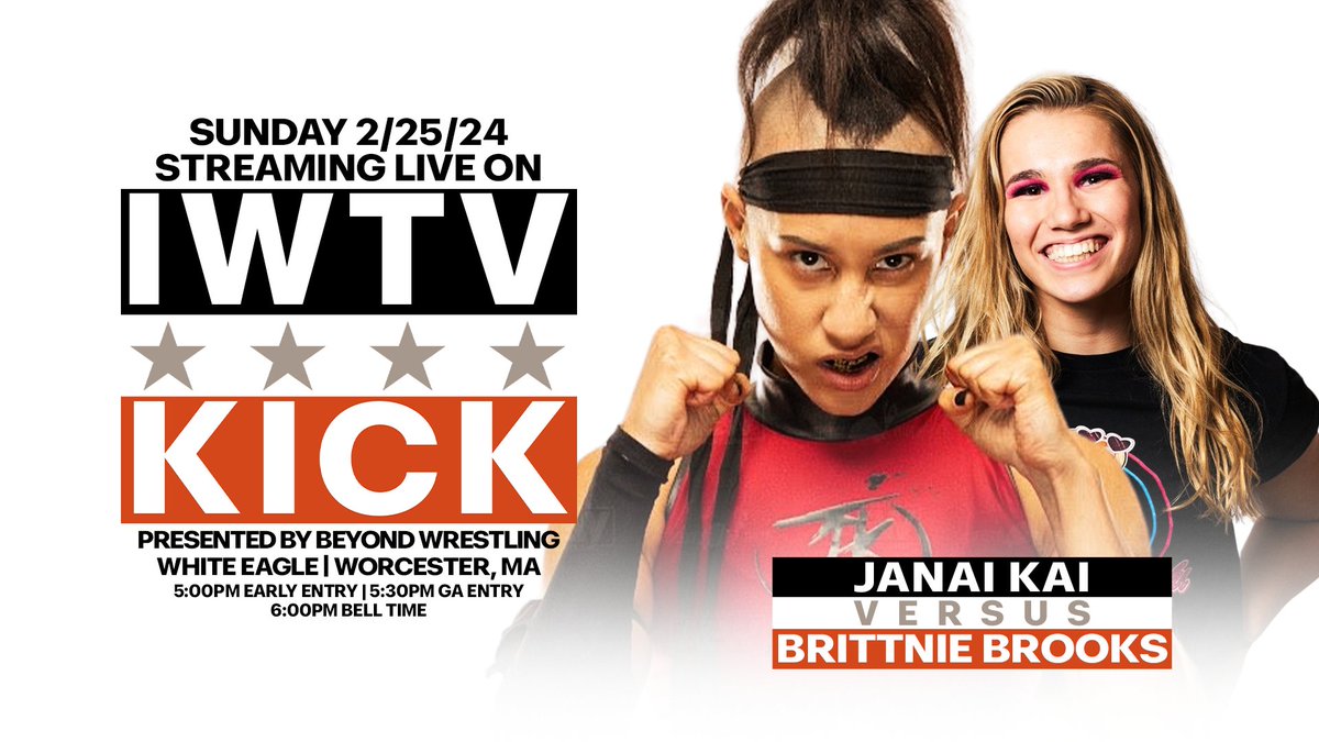 BREAKING! Two first-time-ever matches have been signed for the Beyond Wrestling 'Kick' supershow on Sunday, 2/25/24 at White Eagle in Worcester: - @AllieKATCH vs. @ZaydaSteel - @Janai_Kai vs. @BrittnieBrooks Tickets go on sale this Friday, 2/2/24 at noon at @ShopIWTV.