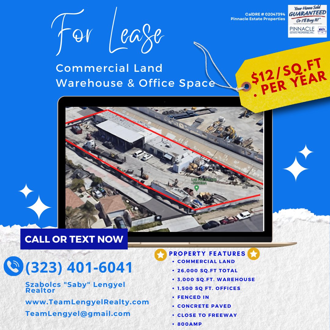 PACOIMA COMMERCIAL LAND FOR LEASE (323) 401-6041 Team Lengyel/Pinnacle Estate/Properties/CalDRE#02047394 #teamlengyel #SecondMileService #warehouse #areaexpert #realestate #realestateagent #office #space