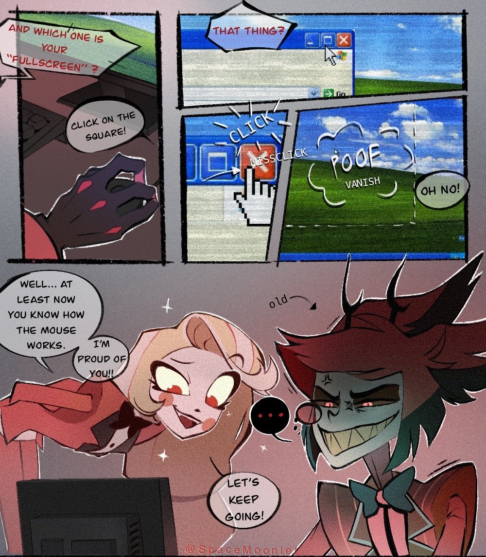 SpaceMoonlet's tweet photo. Alastor might not be the best with technology, but at least he's trying!

(Even if it's just because Charlie wanted him to, probably...) 🔌🖥🖱

#HazbinHotel #alastor #CharlieMorningstar #HazbinHotelFanart  #HazbinHotelAlastor #fanart https://t.co/bmiExkHxik