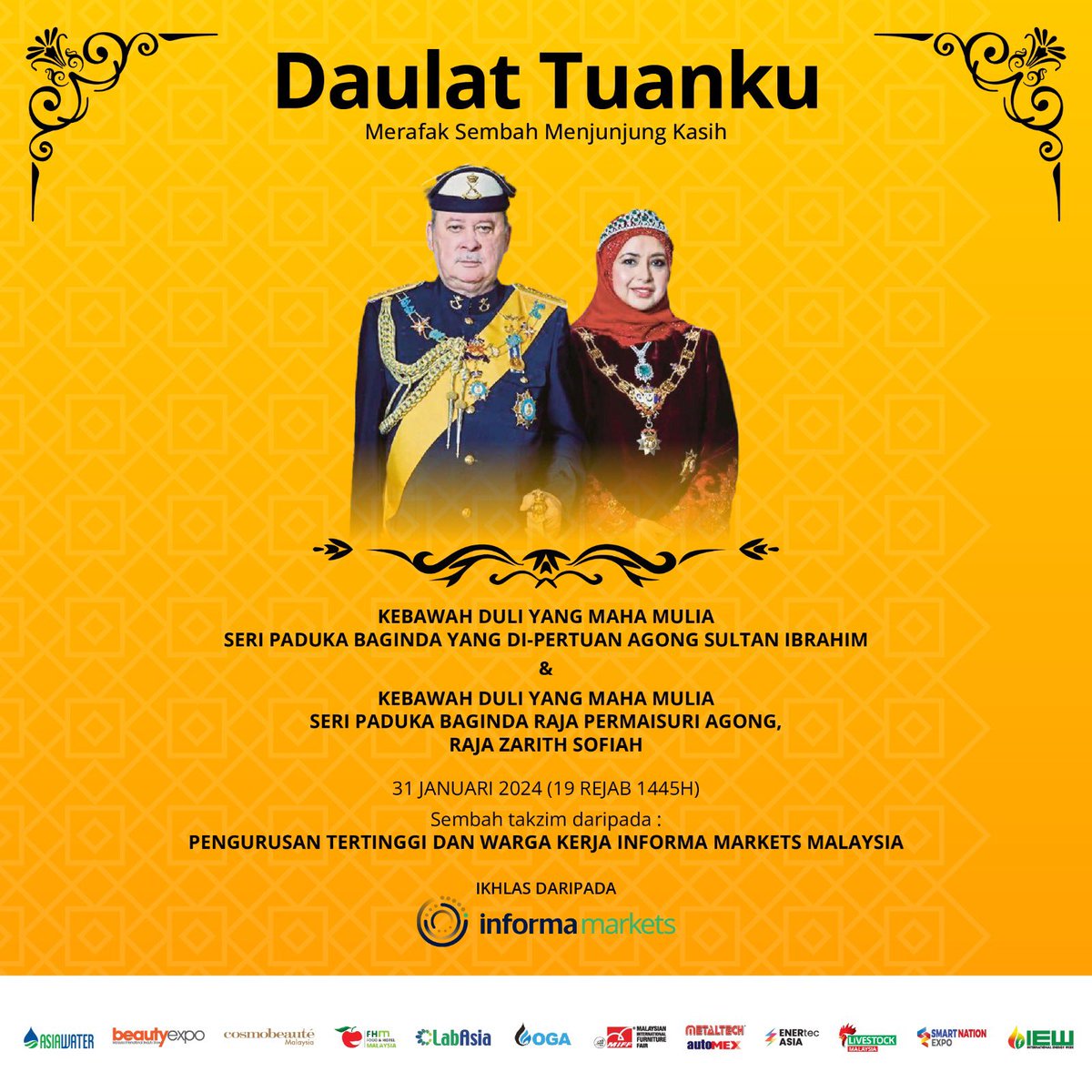 OGA_Series's tweet photo. Congratulations to His Majesty the 17th Yang di-Pertuan Agong, Sultan Ibrahim, and Her Majesty the Raja Permaisuri Agong, Raja Zarith Sofiah. We pledge unwavering obedience and loyalty. May they be blessed with grace, guidance, good health, prosperity, and sovereignty.
#oga2024 https://t.co/Hx5Clp9rfM