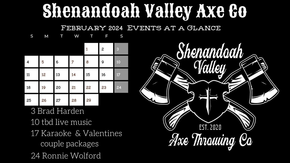 February Events! Tag a friend! Bring a date!

#livemusic #livemusicvirginia #livemusicfrontroyal #discoverfrontroyal #axethrowing #shenandoahvalleyaxethrowingco #SVAXECO