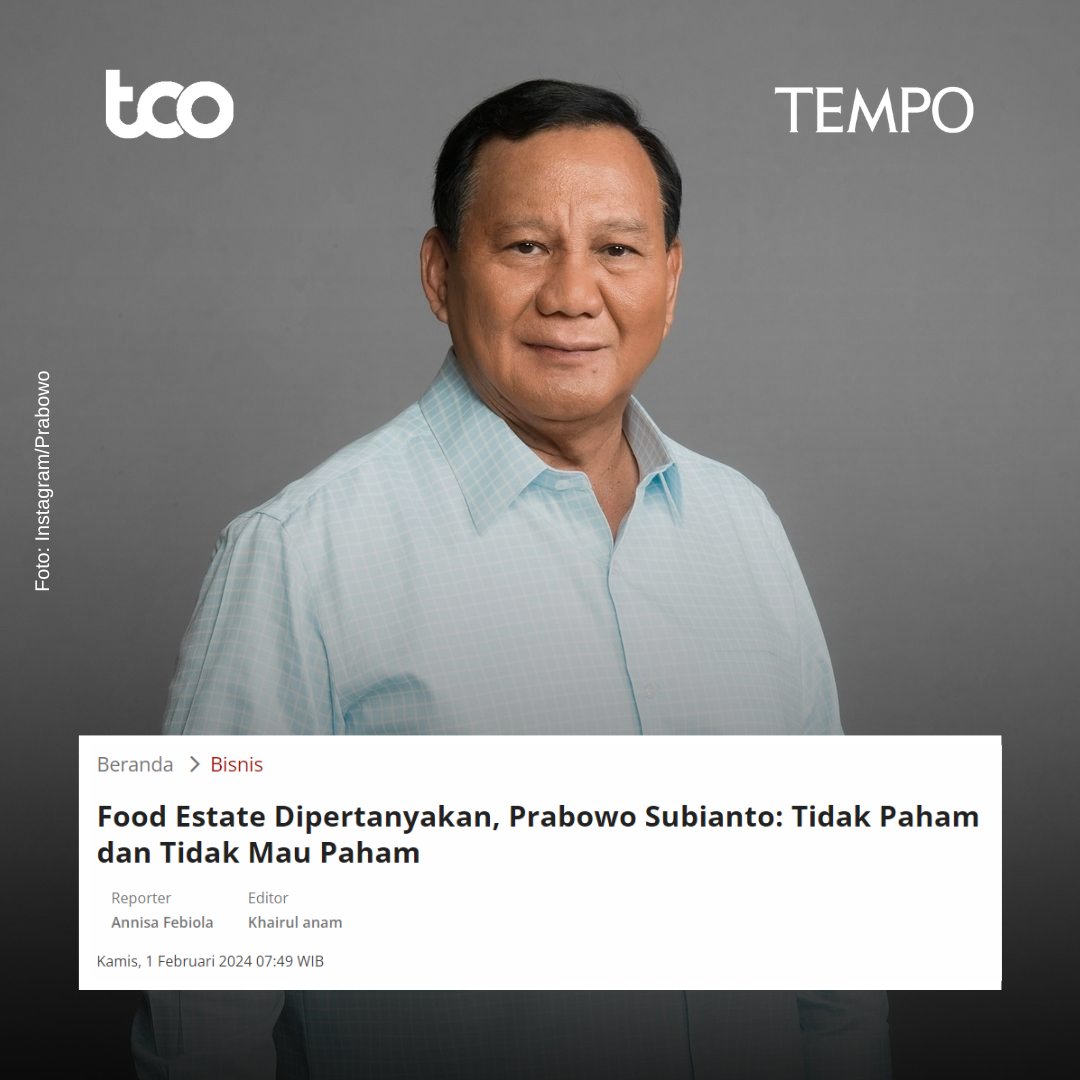 tempodotco's tweet photo. Calon presiden nomor urut 02, Prabowo Subianto, mengatakan Indonesia tetap harus membangun food estate baru di luar Jawa. 

#TempoHeadliner #Prabowo https://t.co/XEEU9AQk7y