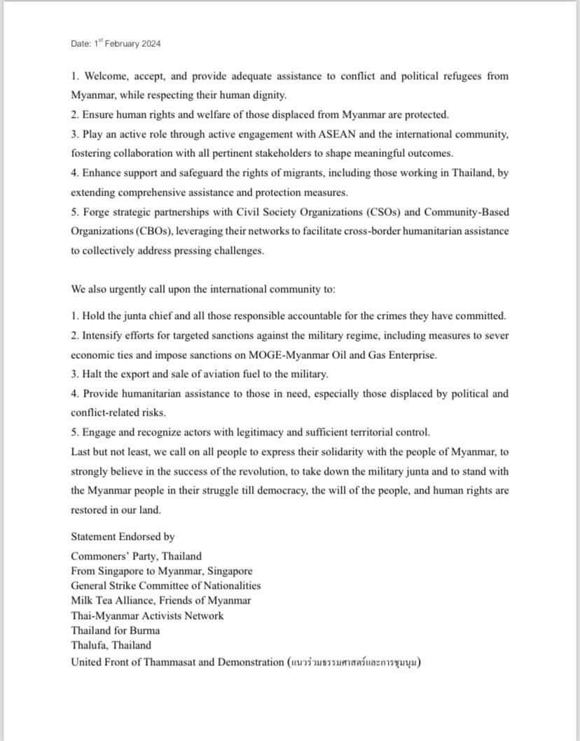 GSCN_Strike's tweet photo. Joint Statement of Thai-Myanmar Activists on Resilience and Resistance; Reflecting on Three Years Since the Myanmar Military Coup

แถลงการณ์ร่วมของนักกิจกรรมไทย-เมียนมาในการต่อต้านและไม่ยอมพ่ายแพ้; สะท้อนช่วงเวลาสามปีตั้งแต่เกิดรัฐประหารในเมียนมา https://t.co/1MOOatWeBG