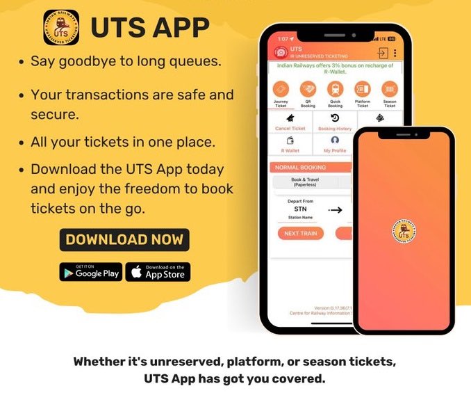 srdcmmumbaicr's tweet photo. #UTS_App: Your Ticket to Seamless Travel!
Unreserved, platform, or season tickets – skip the queue and experience hassle-free booking. Download now for a journey of convenience! 🚆
#TravelSmart #GoDigiral
@Central_Railway @drmmumbaicr @YatriRailways https://t.co/EGFRZsldqq