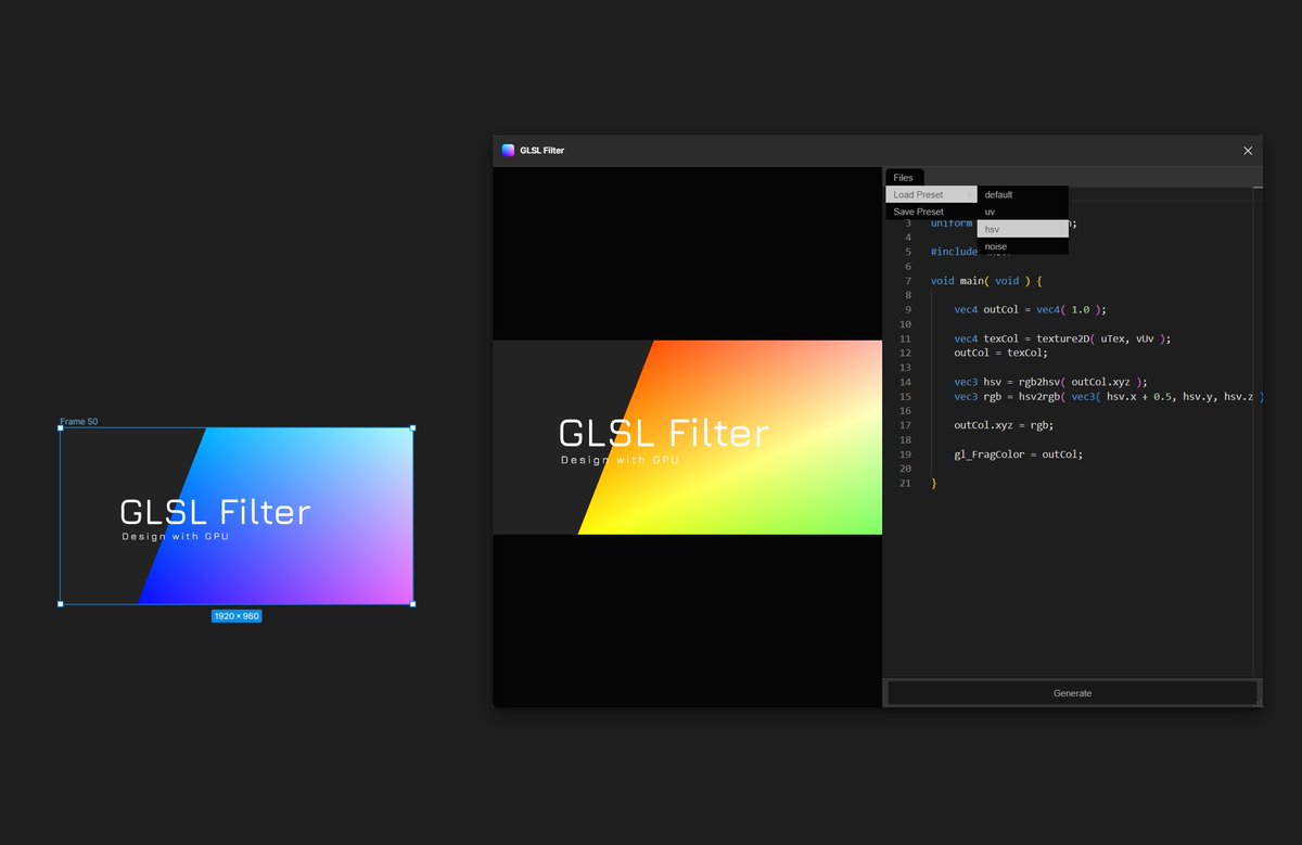 📢Figmaプラグイン GLSL Filter のバージョン2を公開しました！

以下のアップデートが含まれます
- プリセットの保存とロード
- 編集中のシェーダーの自動保存
- UIやパフォーマンスの調整

保存が！できるぞ！必須事項！
figma.com/community/plug…
#glsl #figma