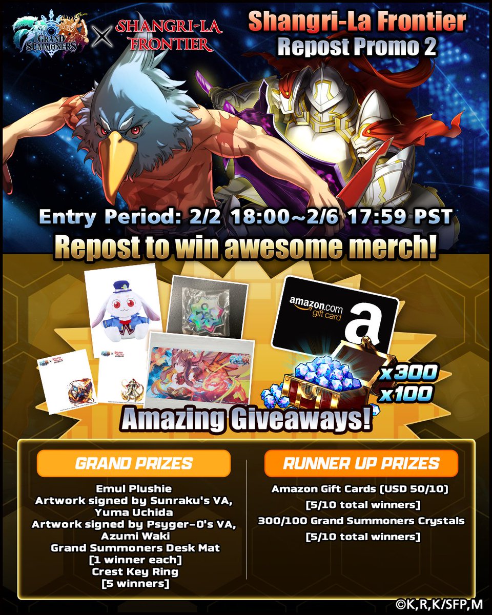 GRDSMN_GLOBAL's tweet image. Another giveaway has begun to celebrate the Shangri-La Frontier Crossover! More fantastic prizes are up for grabs!  

1. Follow @GRDSMN_GLOBAL 
2. Repost this post

*Only winners will be notified via DM.  

#GrandSummoners #ShangriLaFrontier