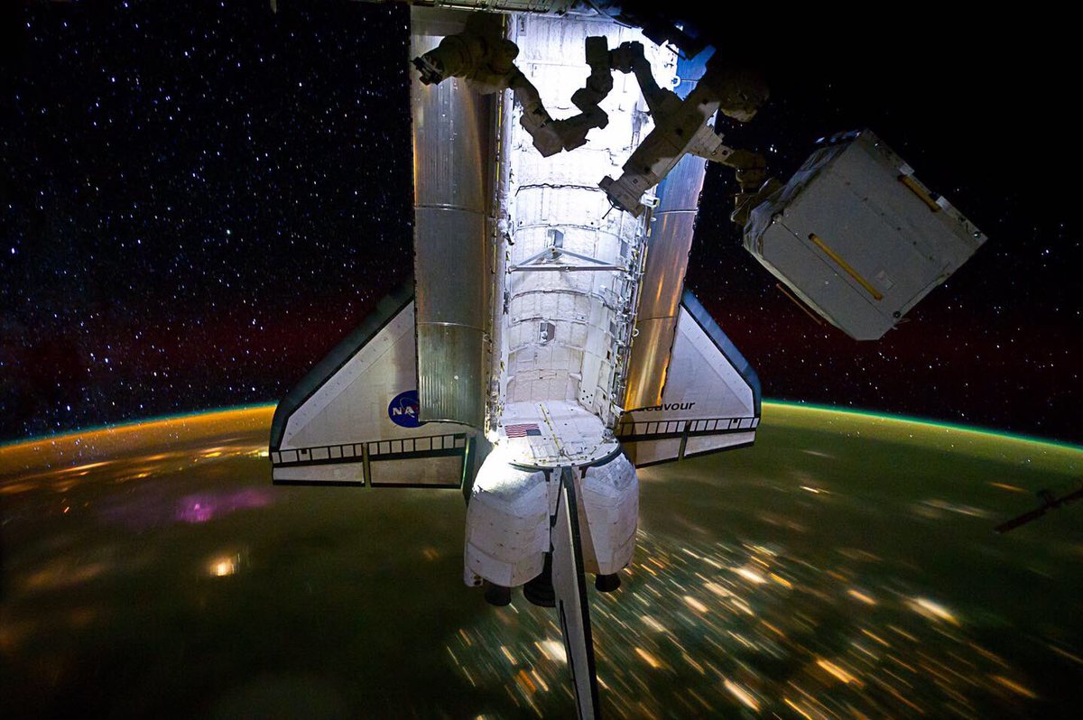 Boneyardsafari's tweet photo. With Orbiter Endeavor OV-105 defying gravity this week at California Science Center we look back to STS-134, backdropped by a night time view of Earth while docked with the ISS in 2011. #spaceshuttle #spaceshuttleendeavour #ov105 #endeavor #casciencecenter #sts134 #nasa #iss https://t.co/NQHPzT3kFu