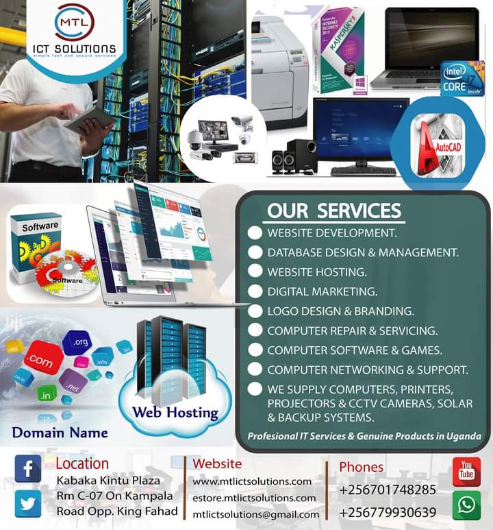 Contact us today for all YOUR IT Services needs in Uganda and beyond from Website Design, Mobile App design, Database Management, Digital Marketing Solutions, CCTV Cameras &amp; Security Systems, IT infrastructure Development and more 
Call now 0701748285 mtlictsolutions.com