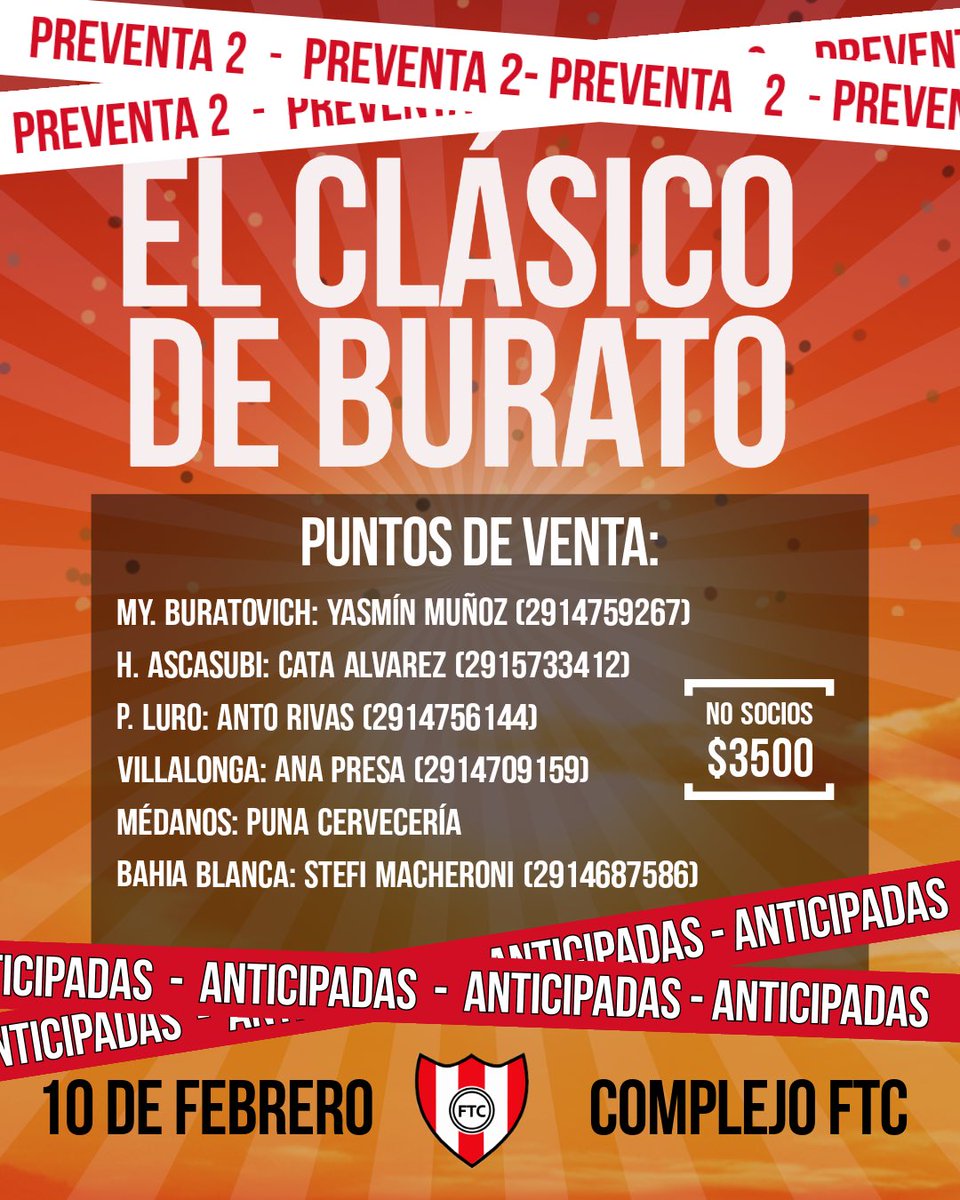 FTC_FutbolMayor's tweet photo. Volaron las primeras 250 entradas para la mejor fiesta del verano 🥳🤩

A partir de mañana JUEVES largamos la segunda preventa 🎫

Puntos de venta en todos lados!

#ElClasicoDeBurato #Fiesta 🇦🇹 https://t.co/kv0GE0Haar