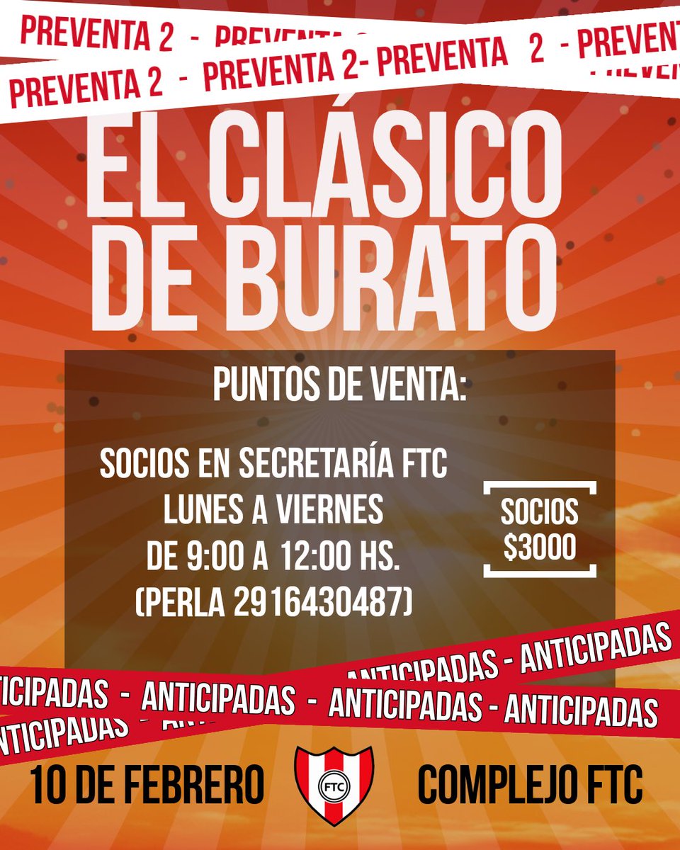 FTC_FutbolMayor's tweet photo. Volaron las primeras 250 entradas para la mejor fiesta del verano 🥳🤩

A partir de mañana JUEVES largamos la segunda preventa 🎫

Puntos de venta en todos lados!

#ElClasicoDeBurato #Fiesta 🇦🇹 https://t.co/kv0GE0Haar