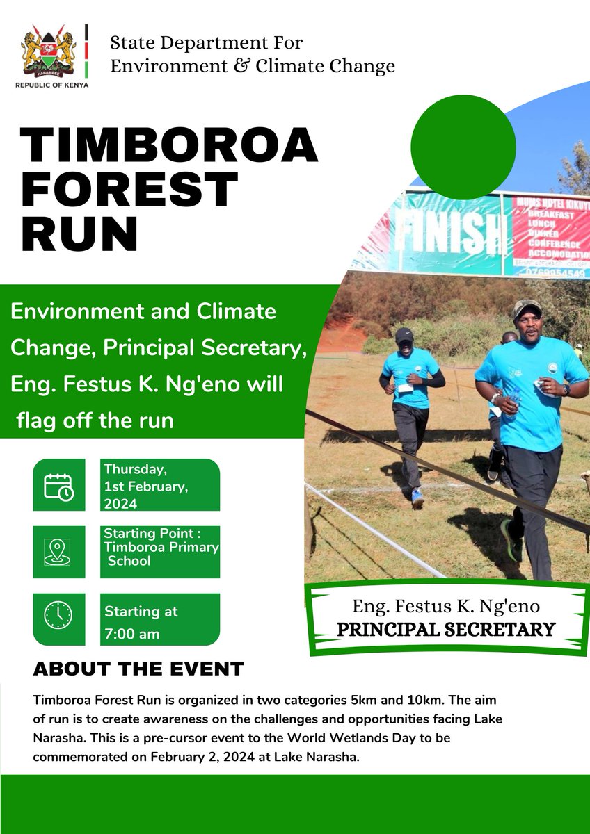 EnviClimateC_Ke's tweet photo. Happening today : Timboroa Forest Run categorized into 5km & 10km as a pre-cursor event to the #WorldWetlandsDay. @EnviClimateC_Ke PS @Eng_F_Ngeno will flag off the Run whose objective is to create awareness on the challenges and opportunities facing Lake Narasha #RunForWetlands https://t.co/AIFbQu6NzB