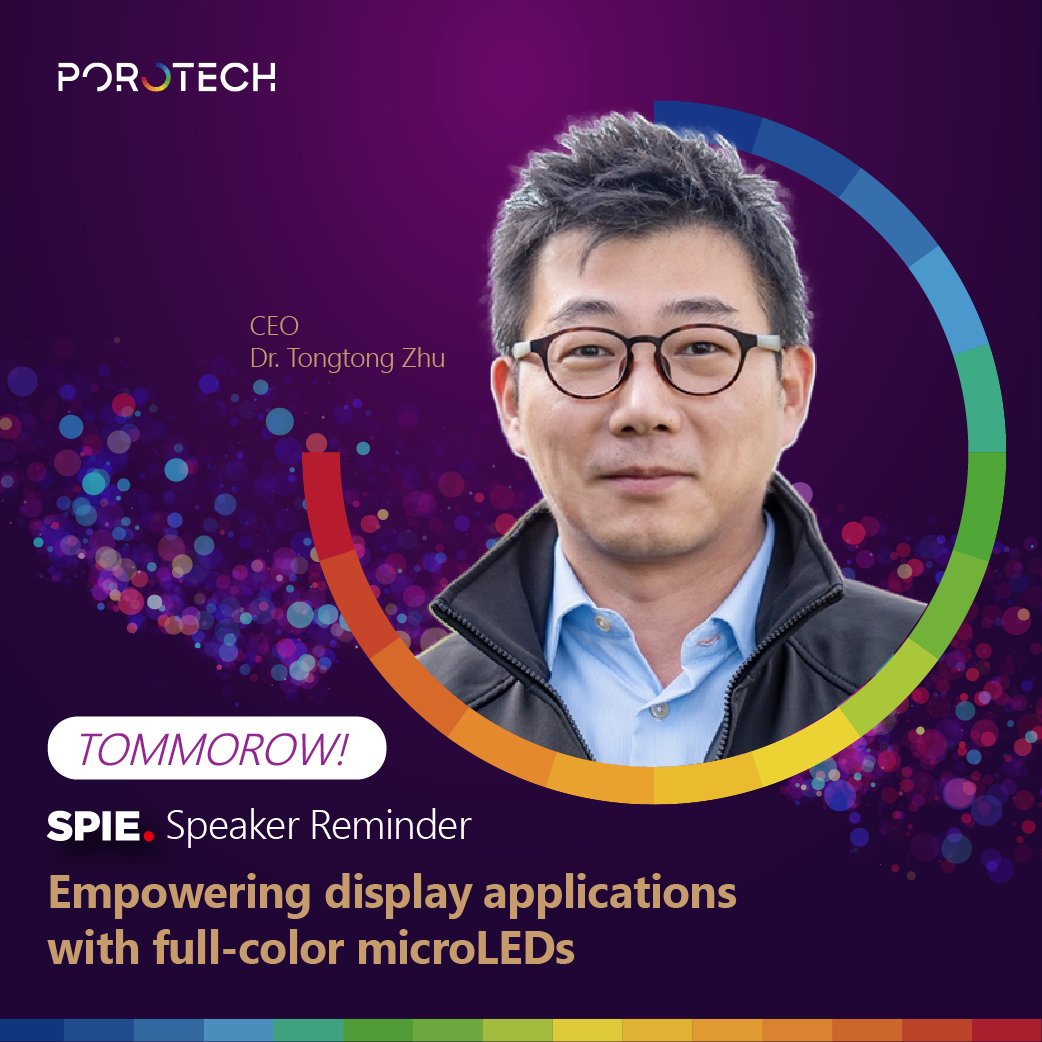 Exciting news from #Porotech! 🚀 Join CEO Tongtong Zhu on Feb 1, 2024, 09:00 - 09:30 PST at Moscone Center, Room 2024, as he unveils our groundbreaking DPT full-color screen technology. We're set to revolutionize the market. Don't miss that! 🌈porotech.pse.is/SPIE2024