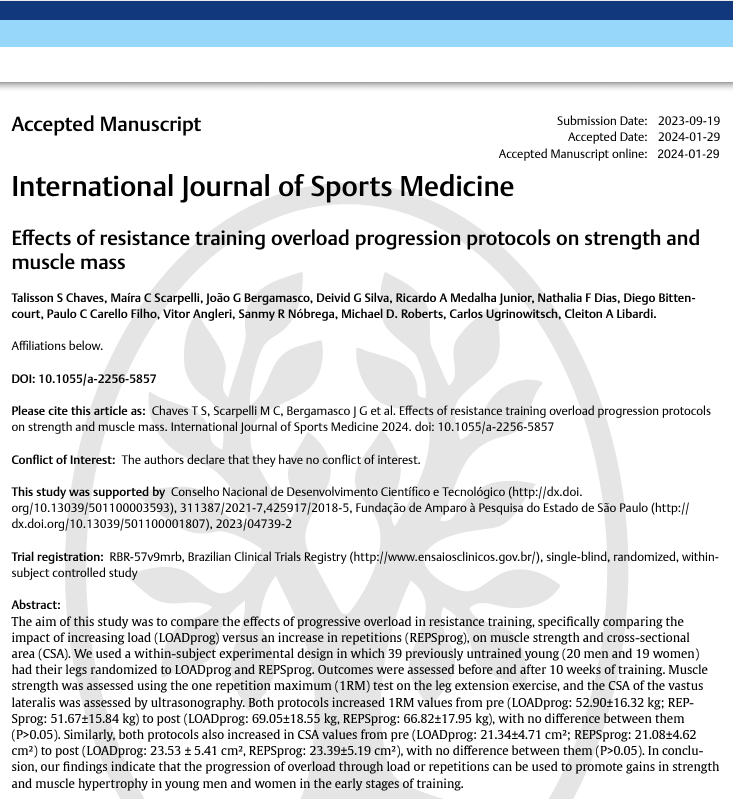 jacksonfyfe's tweet photo. More weight or more reps for building muscle and strength?

Early in a resistance training program, it doesn’t really matter.

Previously untrained young men and women had similar gains in muscle size and strength when lifting more weight or doing more reps (with the same weight) over 10 weeks.

More reason to keep things simple when getting started.

https://t.co/3SMJC95vzB