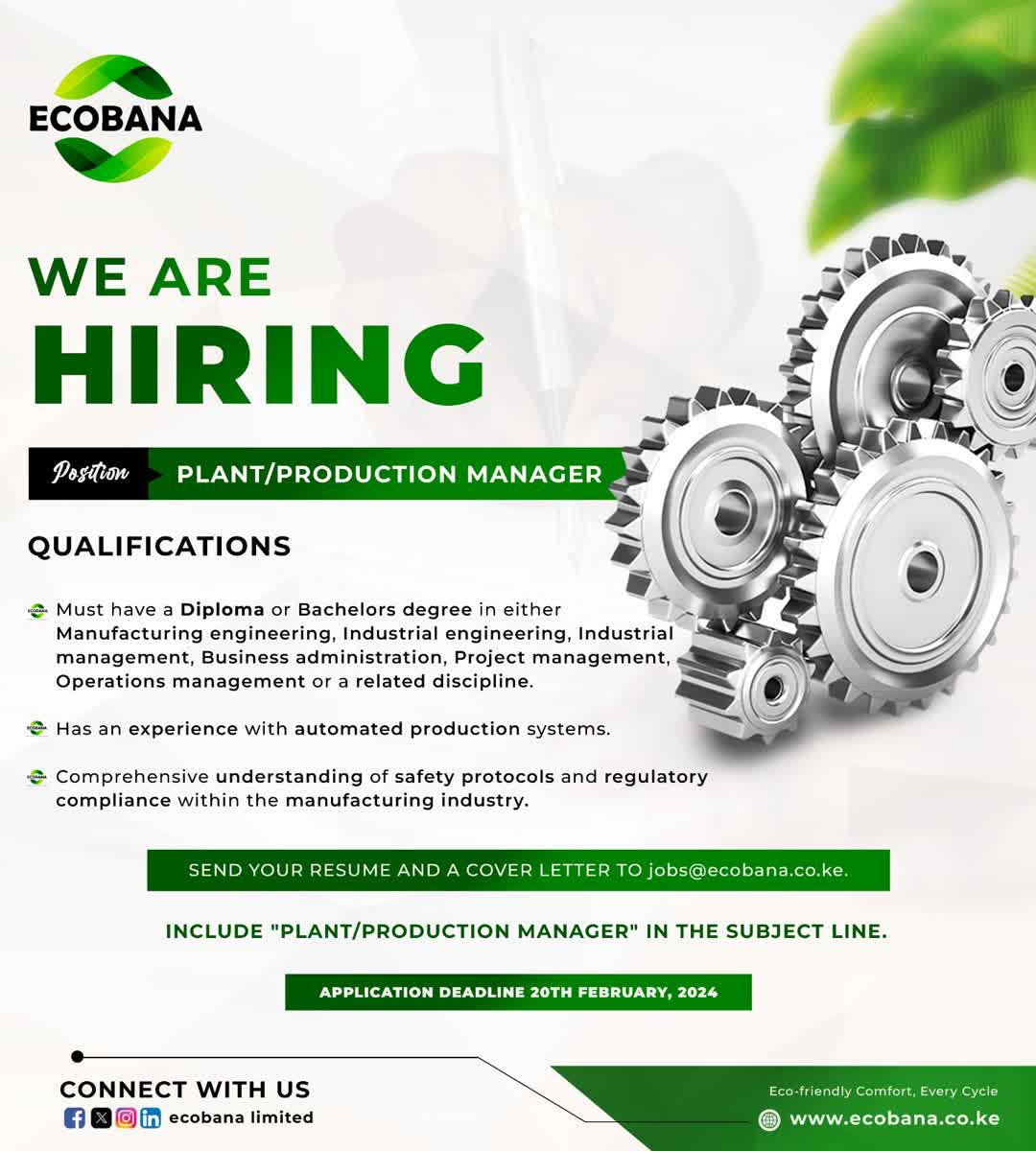 Join the EcoBana team in cultivating sustainability!  We're on the lookout for a Plant/Production Manager. Send your resume and cover letter to jobs@ecobana.co.ke and join us in shaping a sustainable future. #EcoJobs #ApplyToday