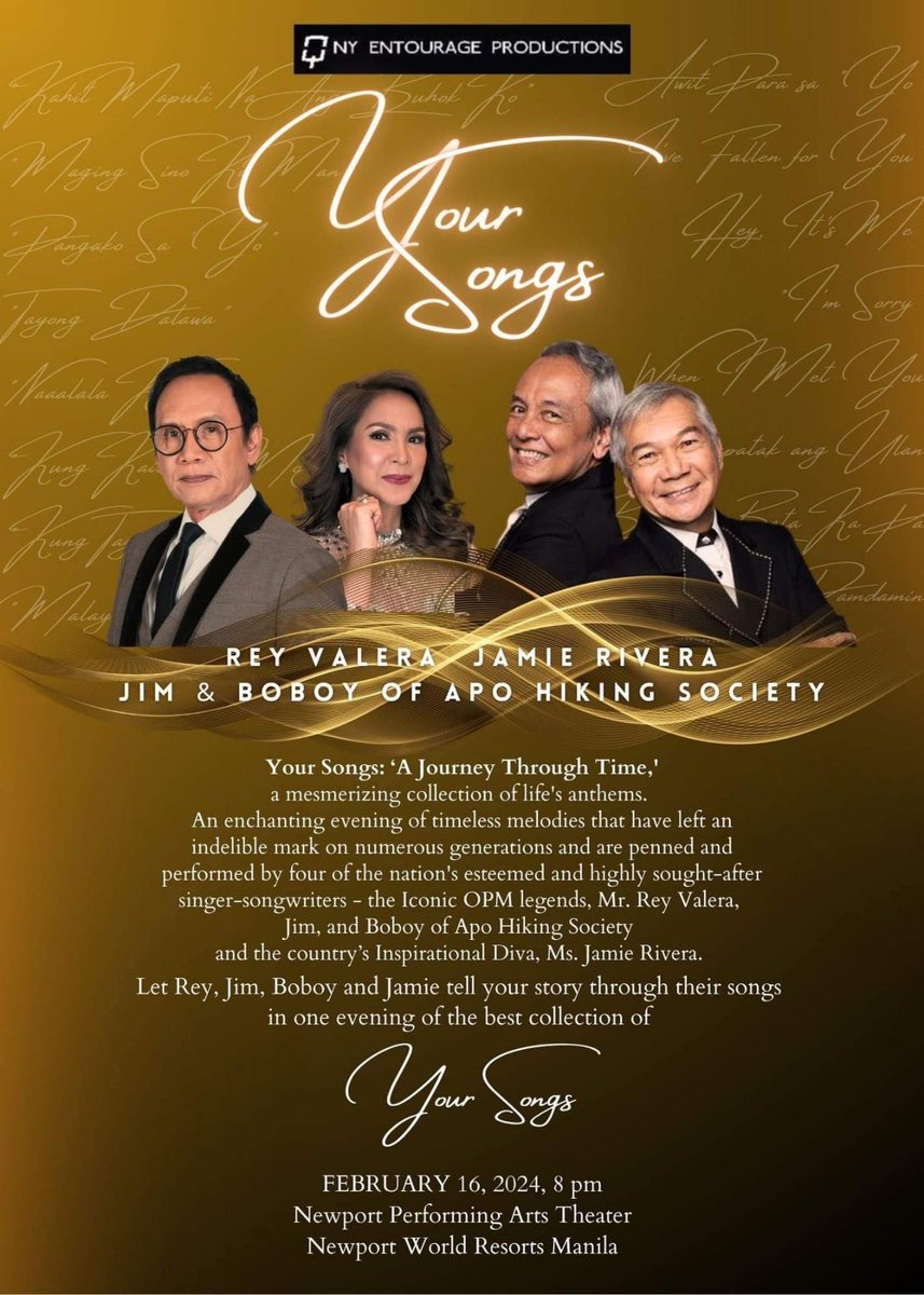 StarMusicPH's tweet photo. Witness performances of timeless songs in ‘Your Songs: A Journey Through Time’ concert from @JamieRivera829, #ReyValera, #JimParedes, and #BoboyGarrovillo ❤️

Feb 16, 8PM | Newport Performing Arts Theater. Buy your tickets now via TicketWorld!

#JamieRivera https://t.co/Qk1CixVjxZ