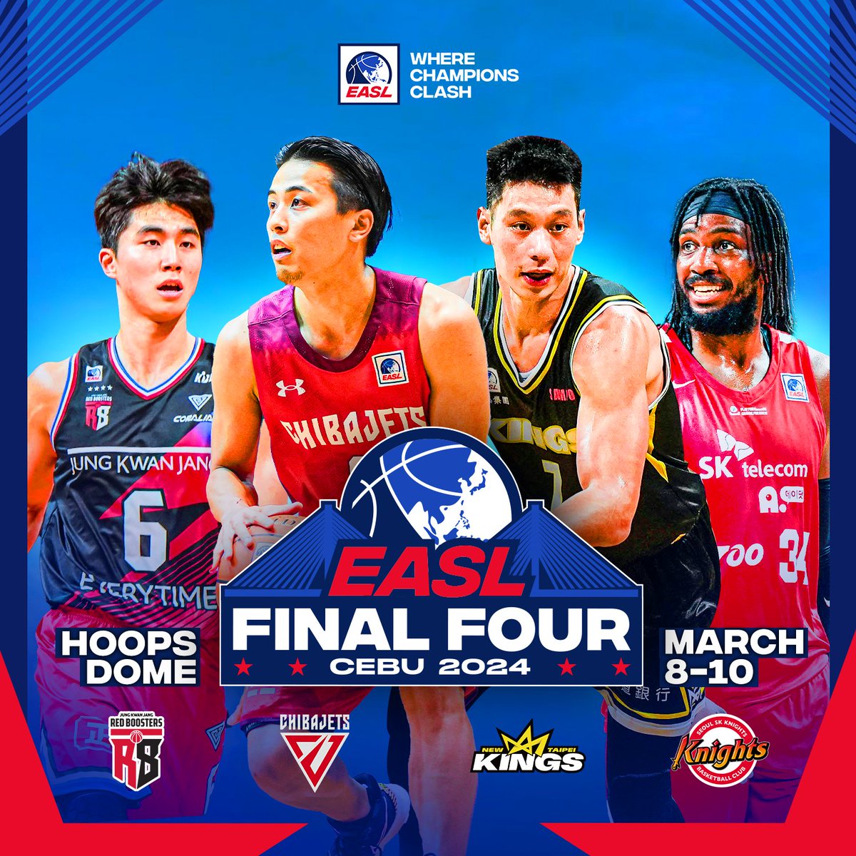 EASLofficial's tweet photo. Cebu, Philippines will host the EASL Final Four on March 8-10. Anyang Jung Kwan Jang Red Boosters, @CHIBAJETS, New Taipei Kings and Seoul SK Knights will battle for the title of East Asian champion. History will be written. 

Read more: https://t.co/KdxqFqxCwL https://t.co/935DwvyVtA