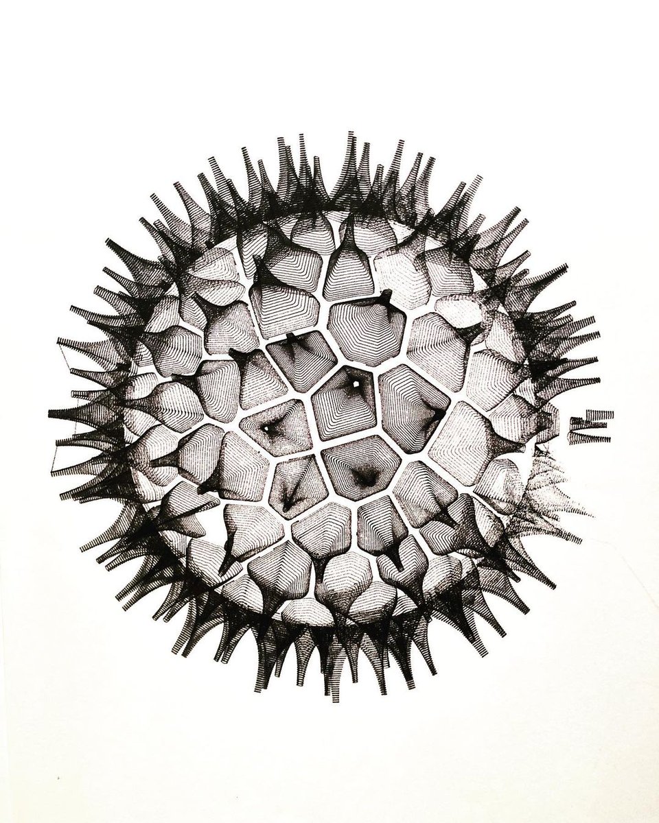 idrawpenplotter's tweet photo. Urchin 2 2023 by @wearelaurdesign
Sphere decorated with tessellating shapes.
Plotted with @idrawpenplotter using @artline_au pigment liners on A3 paper.
#geometry #generativehut https://t.co/B7PhJvn9J9
