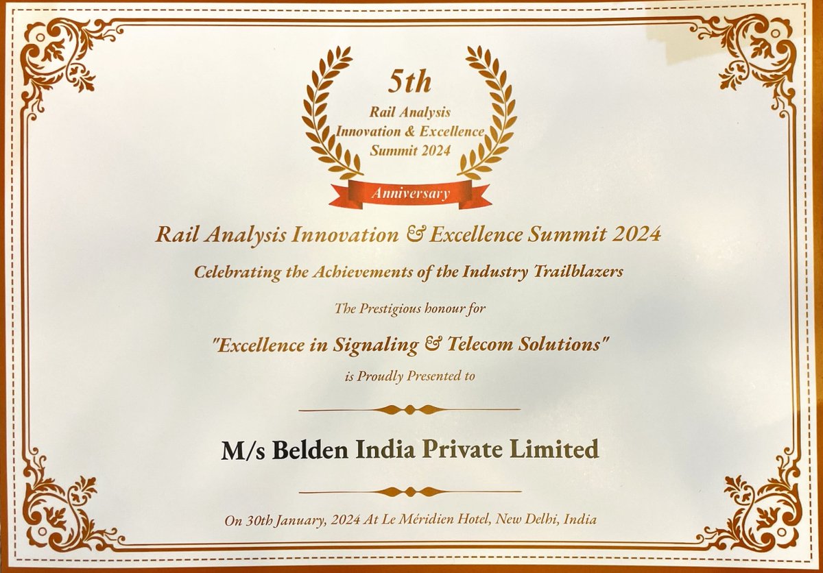 BeldenInc's tweet photo. We'd like to thank @RailAnalysis and the evaluation panel of the 5th Rail Analysis Innovation & Excellence Summit 2024 for our Excellence in Signaling & Telecom Solutions Award! #railmetroawards #award2024 #RAIES2024 #masstransist #connectedrail #letsbuildthefuture https://t.co/MKWoTlGhPN