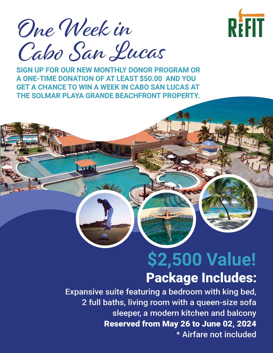 ReFITPortland's tweet photo. Win a chance for a week stay in Cabo San Lucas!☀️🏖️🍹 Sign up for our new monthly donors program or gift $50 or higher to enter this tropical sweepstakes. Register by March 1st, 2024: https://t.co/Xxmq6trTLf #giveaways #giveawayalert #cabosanlucas #wanderlust #nonprofit #donate https://t.co/twI8FrNyfk