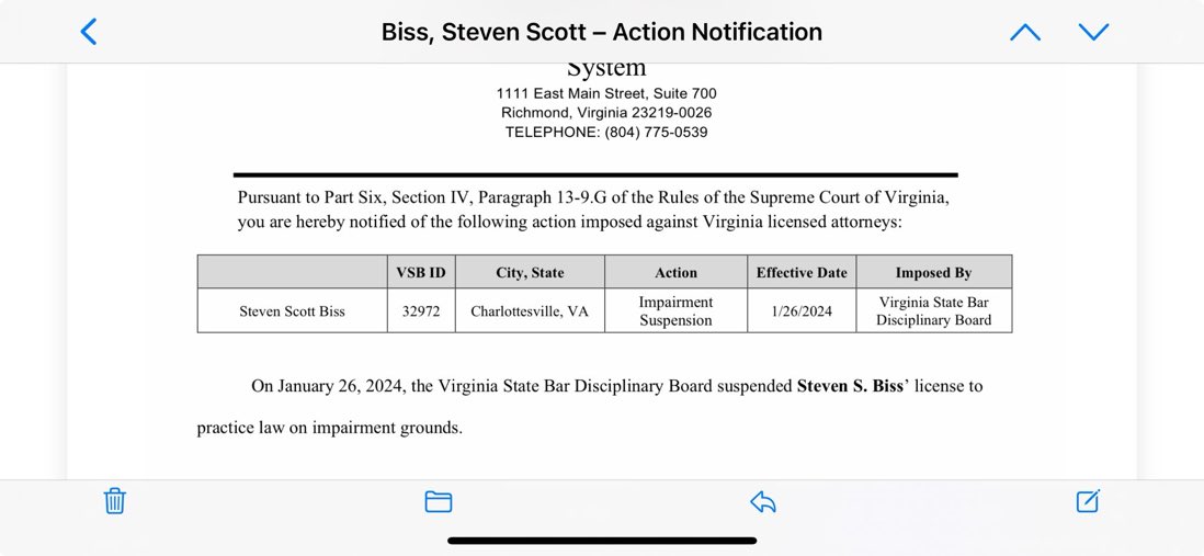 Its official. #StevenBiss law license suspended due to “impairment.” That’s a dry description of his massive stroke removing him from ever practicing again. Many of Devin’s LOLsuits were taken over by Jesse Binnall’s firm.

Thanks to @TrishHPhillips for the find.